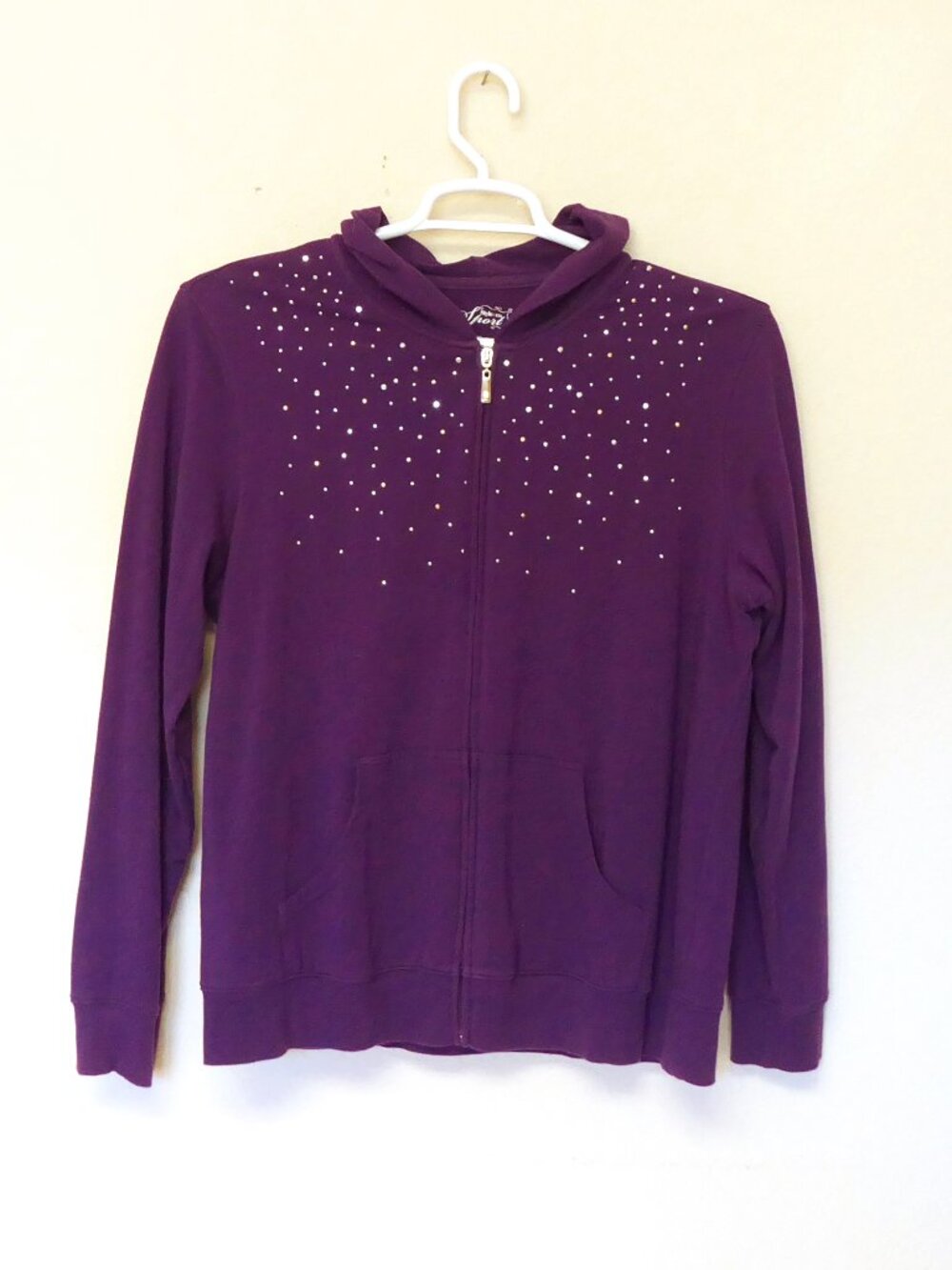 Style and Co purple and gold silver rhinestone lightweight zip up hoodie size XL